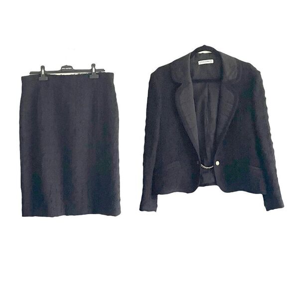 VINTAGE Paula Klein Paris Couture Wool 2-PC Suit Blazer Skirt Black L - Picture 2 of 16